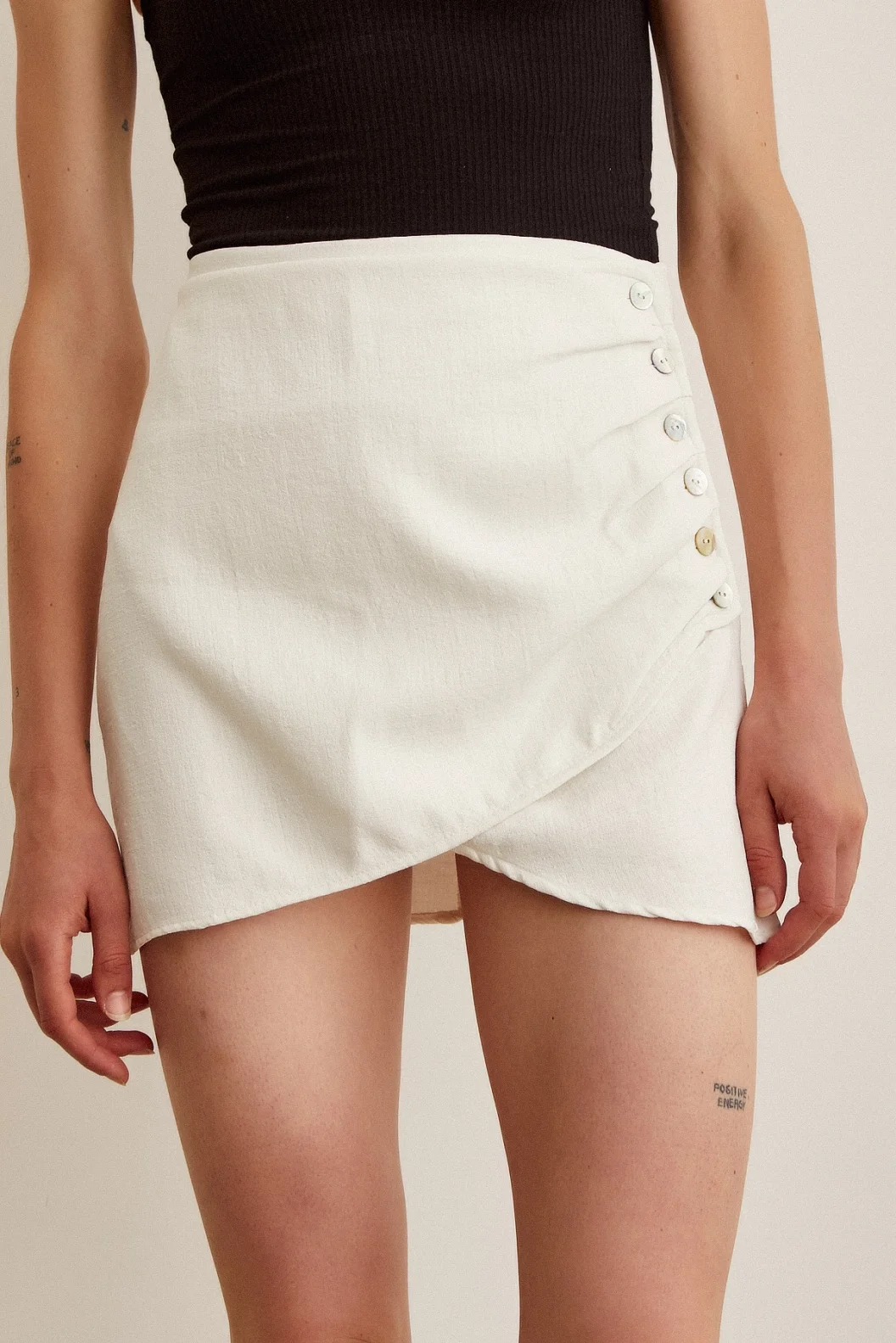 Front Pleated Buttoned Skirt Beige