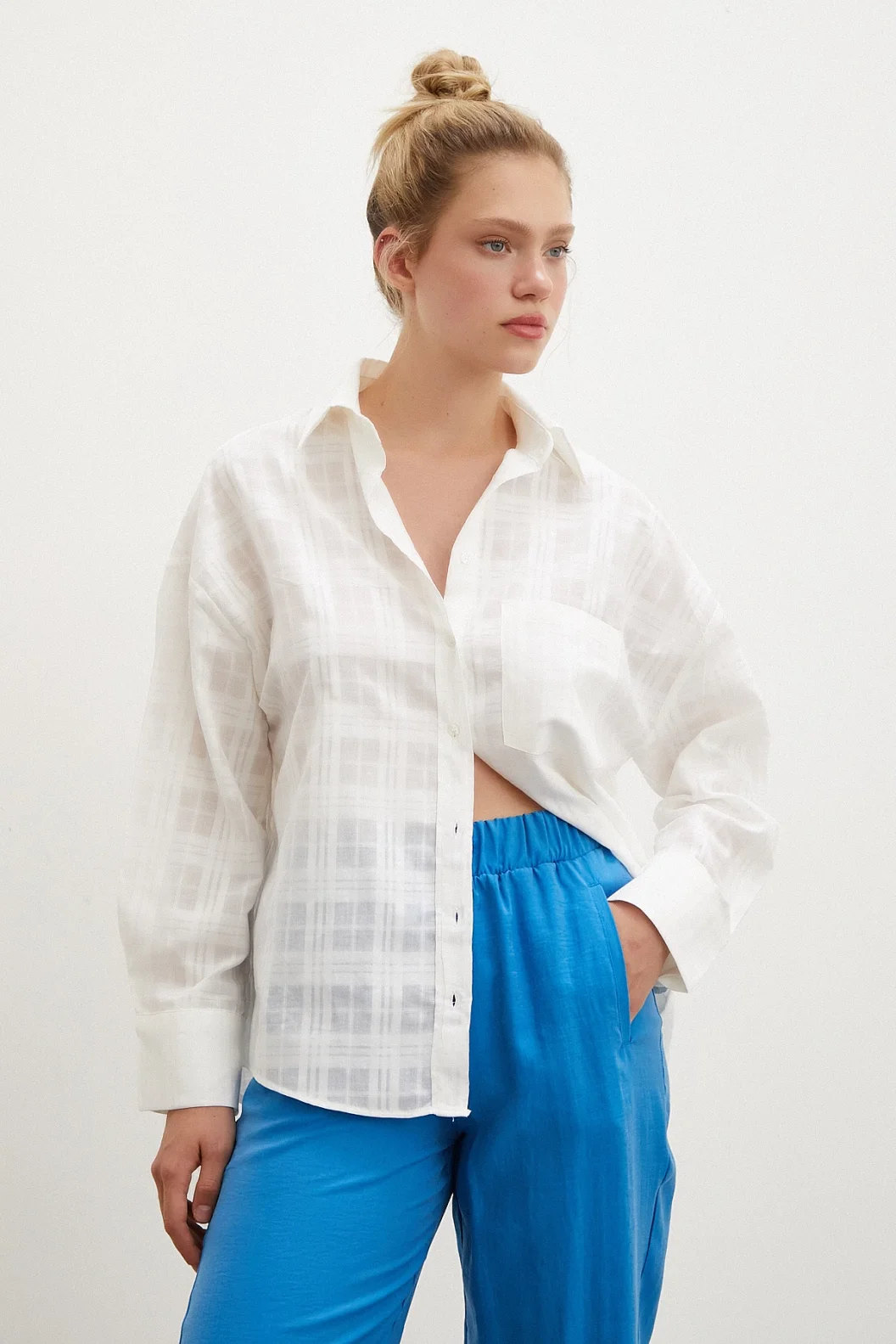 Kariertes Popeline-Hemd Weiß