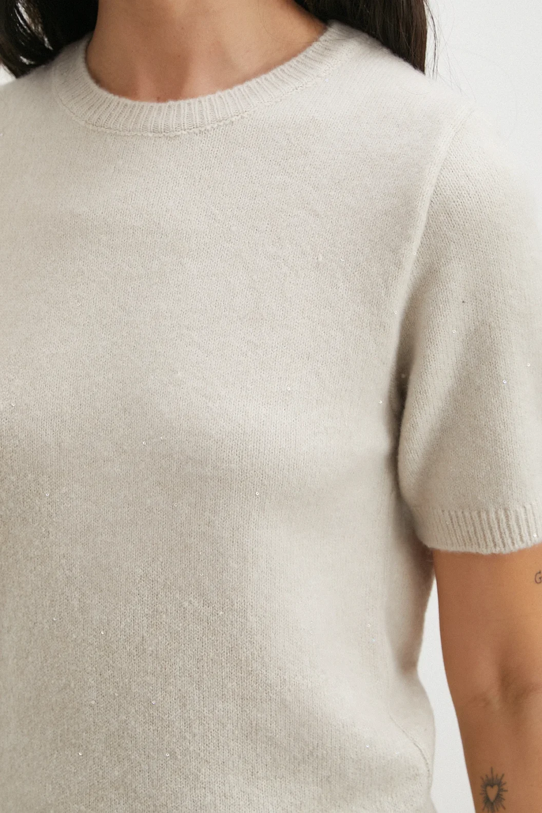 Simli Kısa Kol Kazak Bej