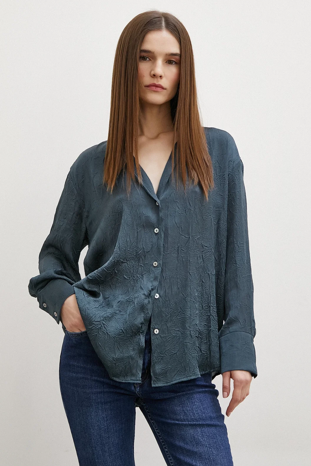 Crinkled Satin Shirt Petrol