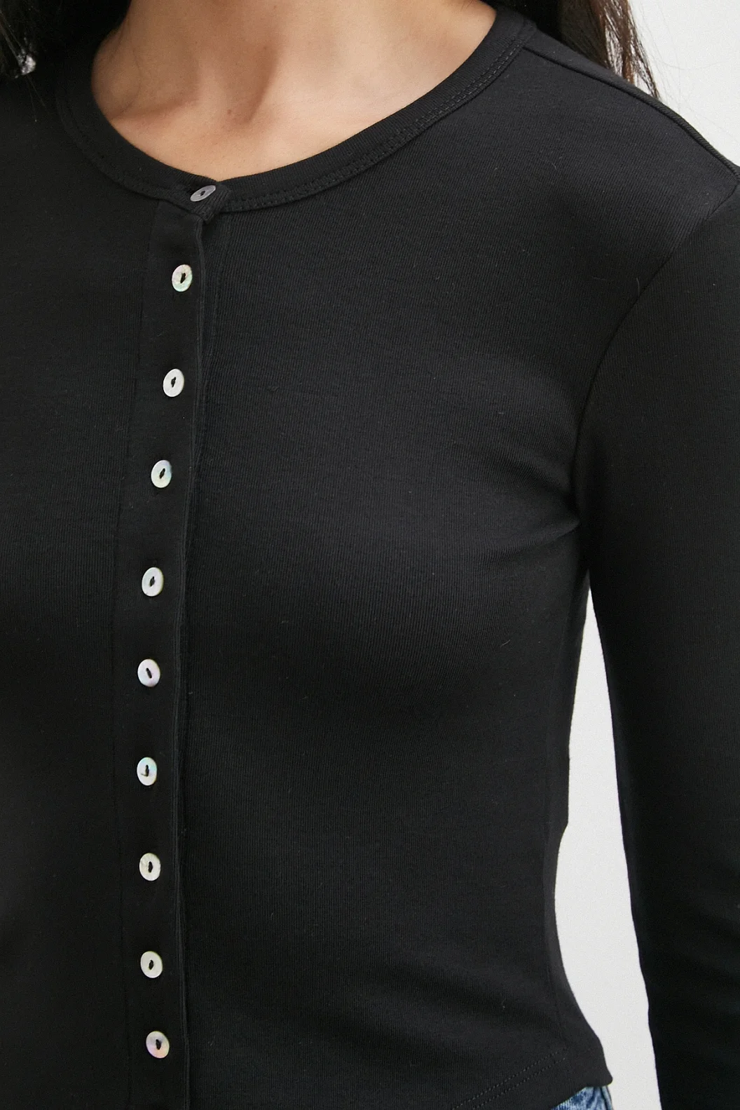 Düğmeli Uzun Kol Bluz Siyah