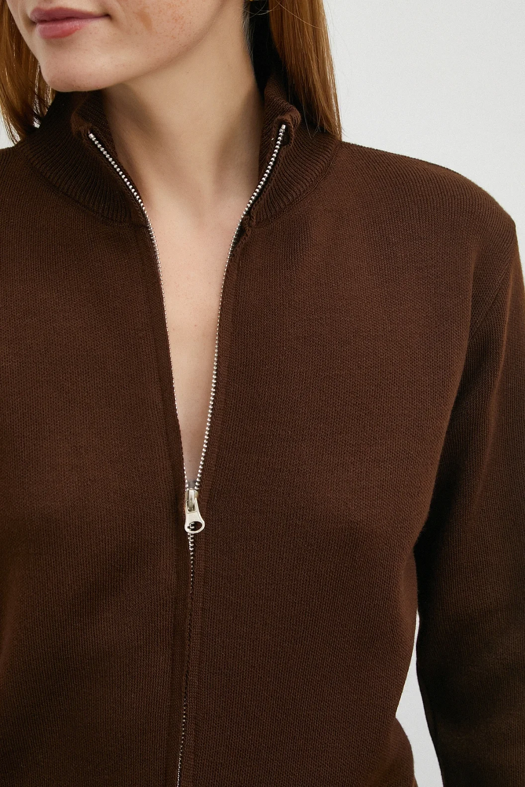 Çift Fermuarlı Triko Hırka Kahve