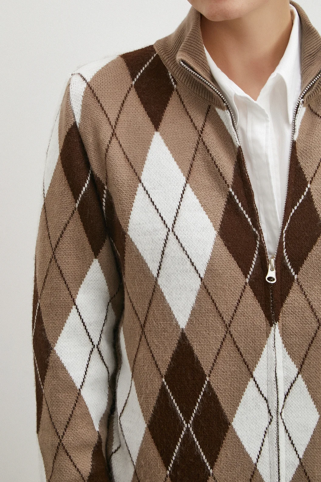 Fermuarlı Baklava Desen Kazak Kahve