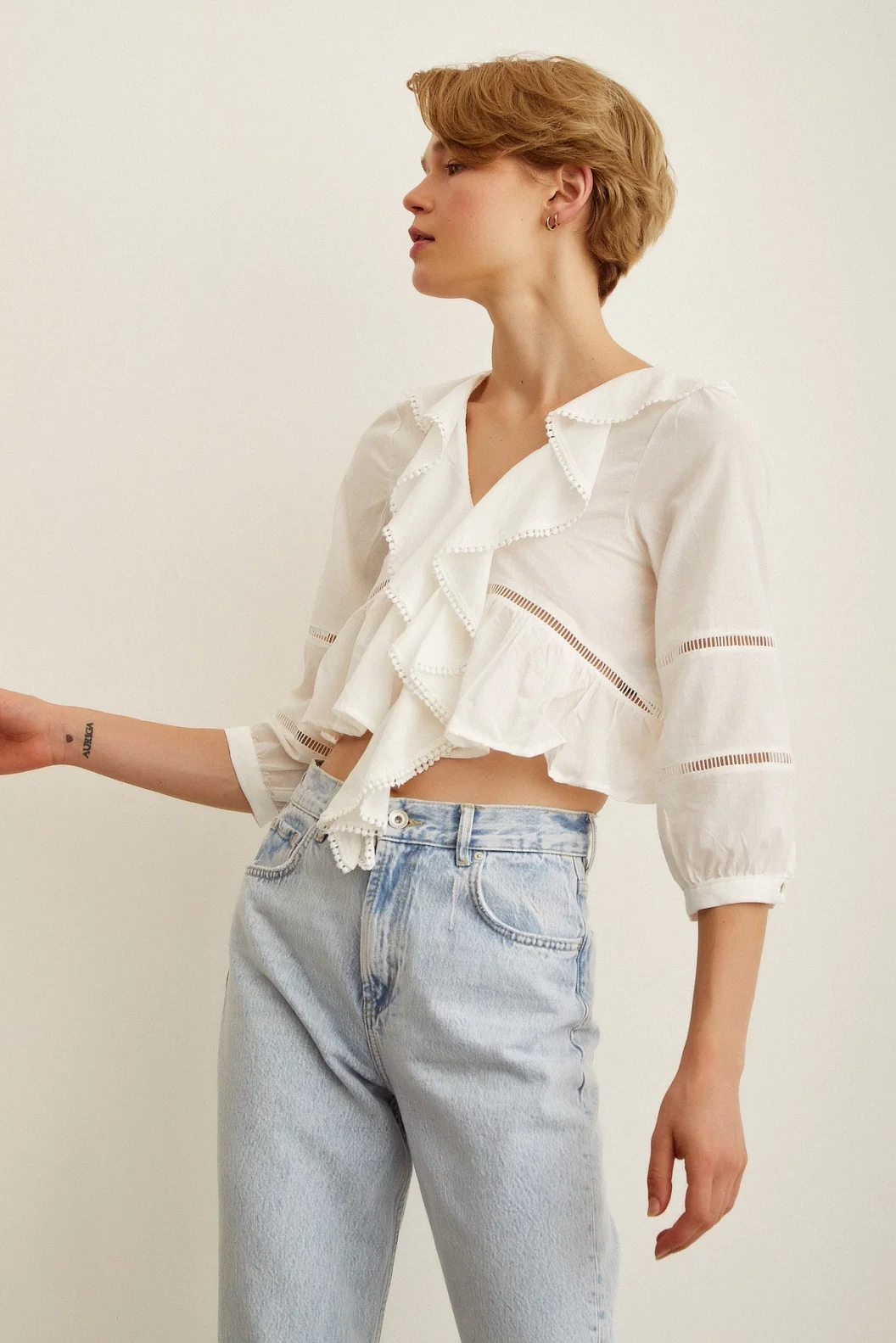 Lace Detail Ruffled Blouse White