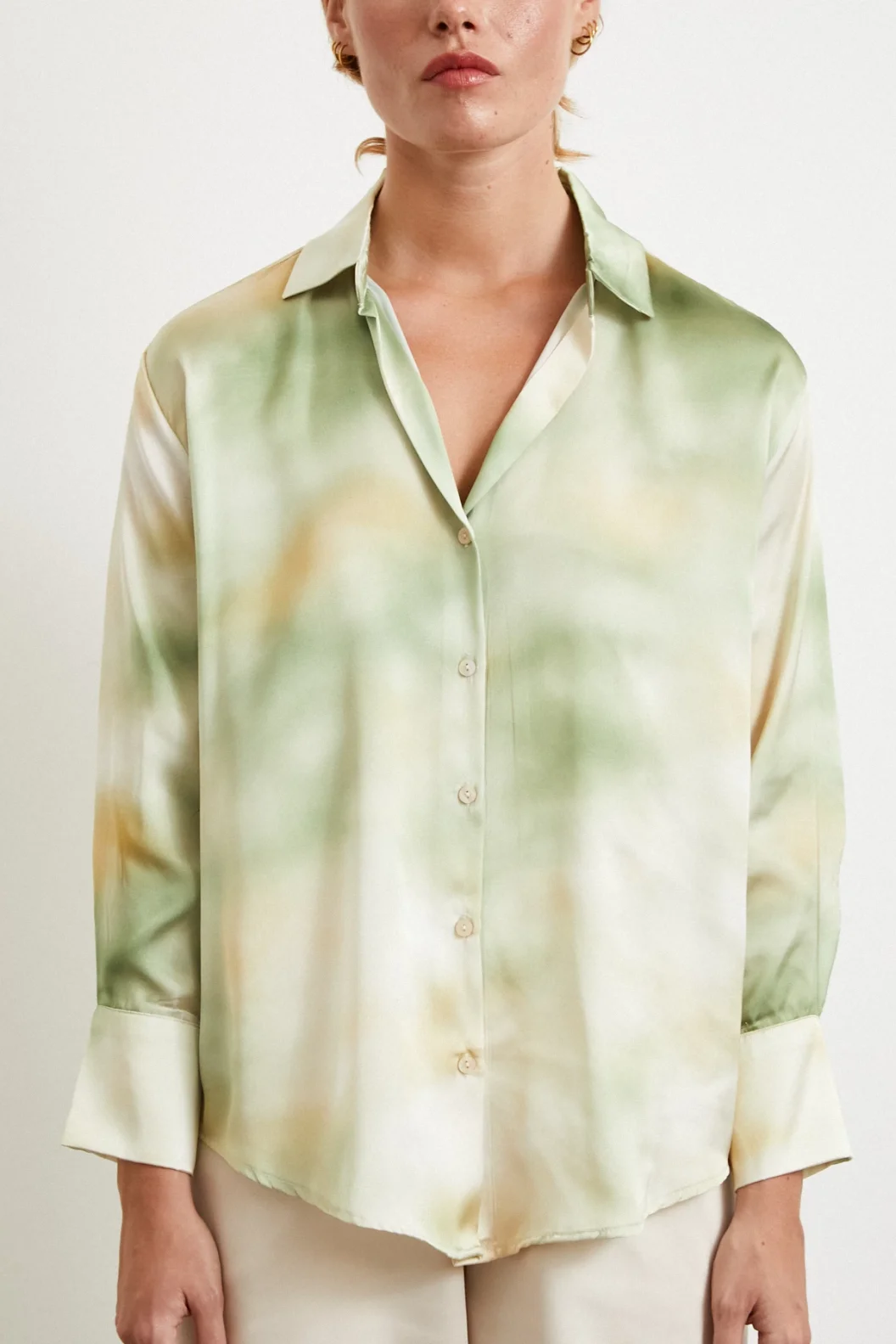 Ebruli Desen Saten GömleK Yeşil