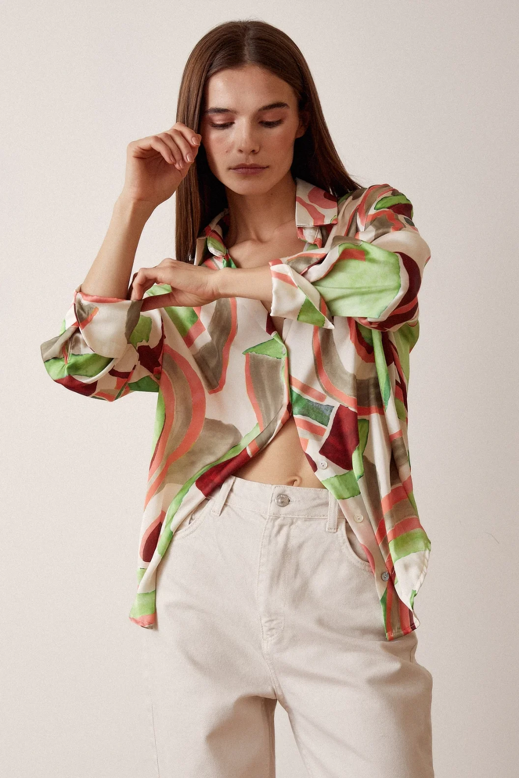 V Neck Patterned Satin Shirt Mint
