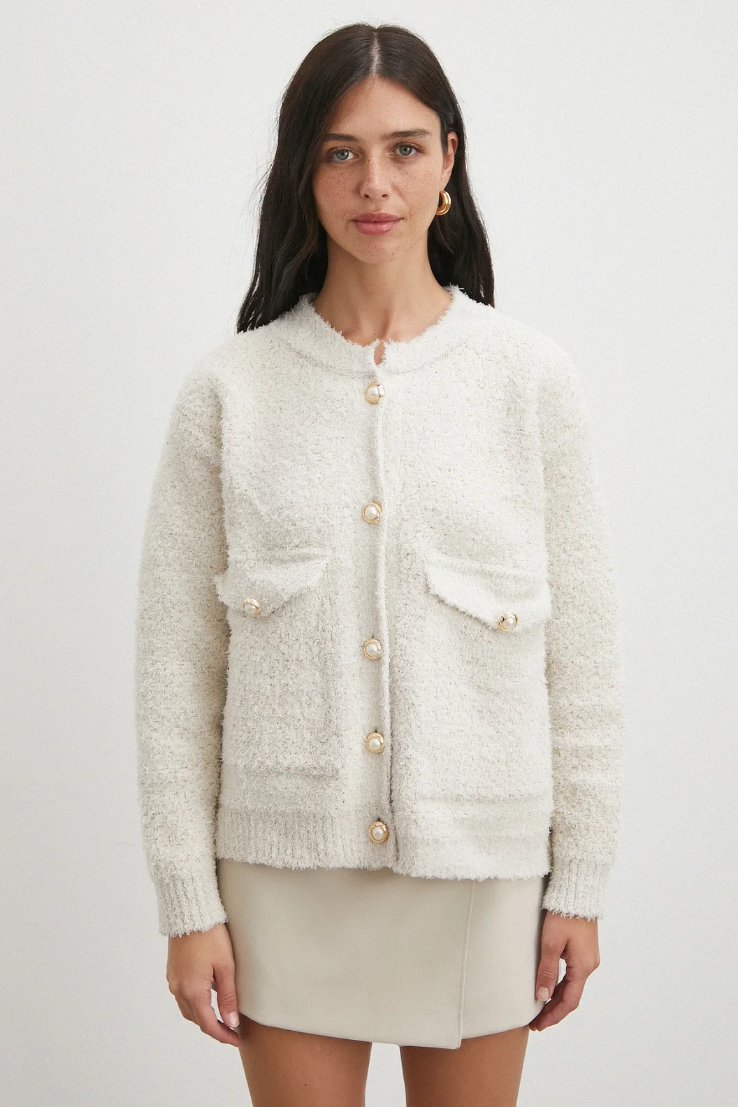 Cepli Düğmeli Simli Hırka Ekru