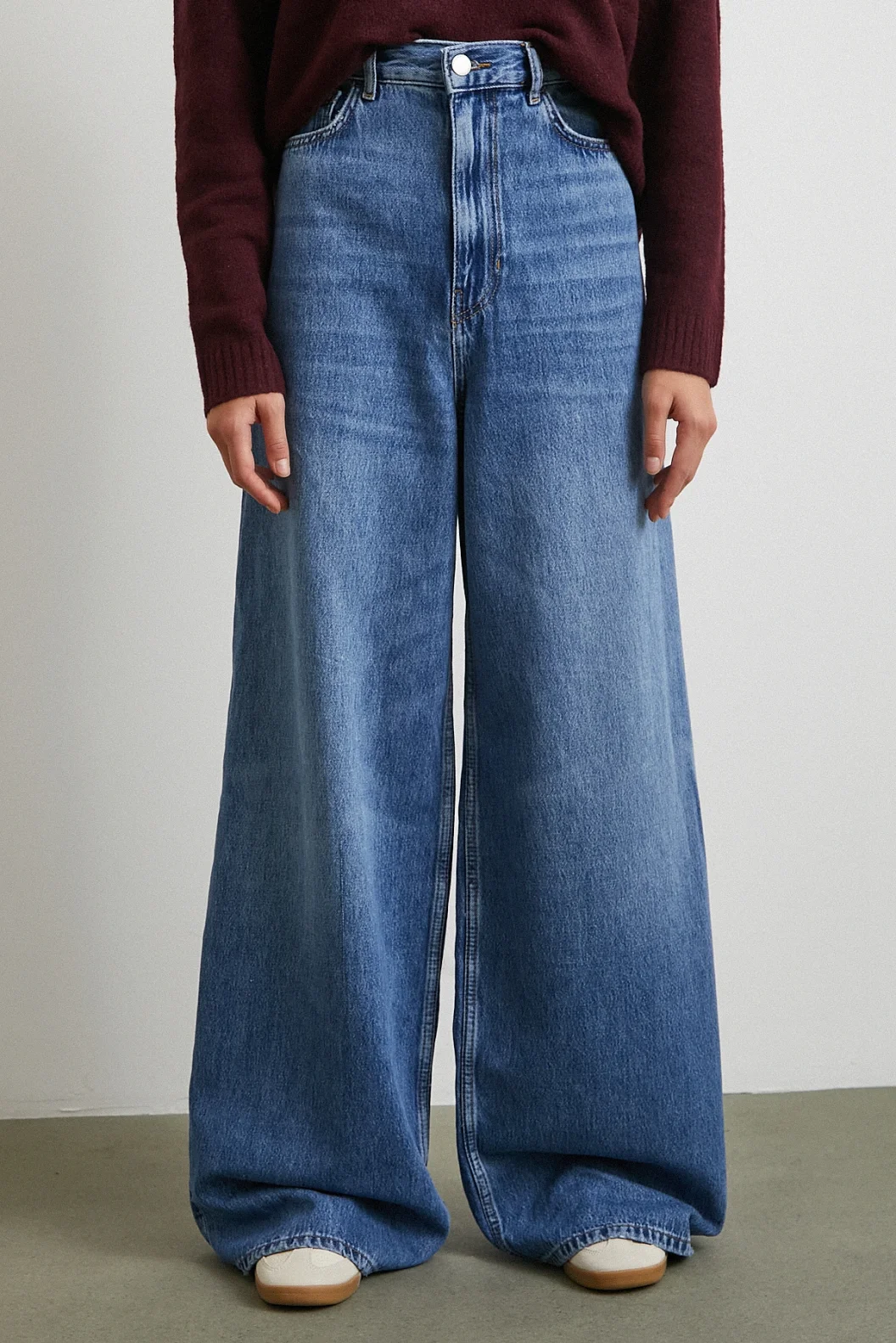 Yüksek Bel Geniş Paça Beş Cepli Jean Mavi