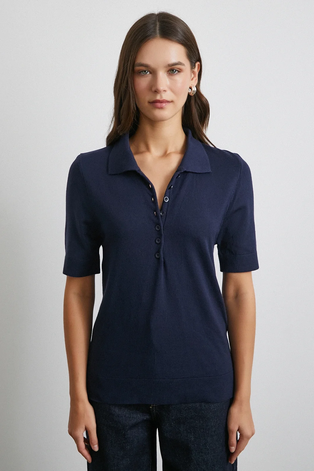 Polo Yaka Düğmeli Kısa Kol Triko Lacivert
