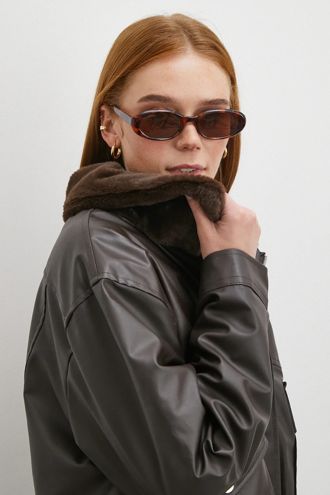 Peluş Astar Detaylı Deri Mont Kahve