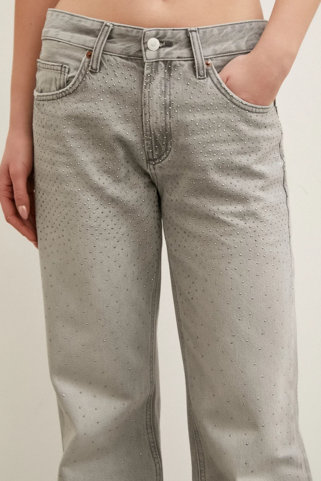 Stone Detailed High Waisted Wide Leg Jeans Smoke