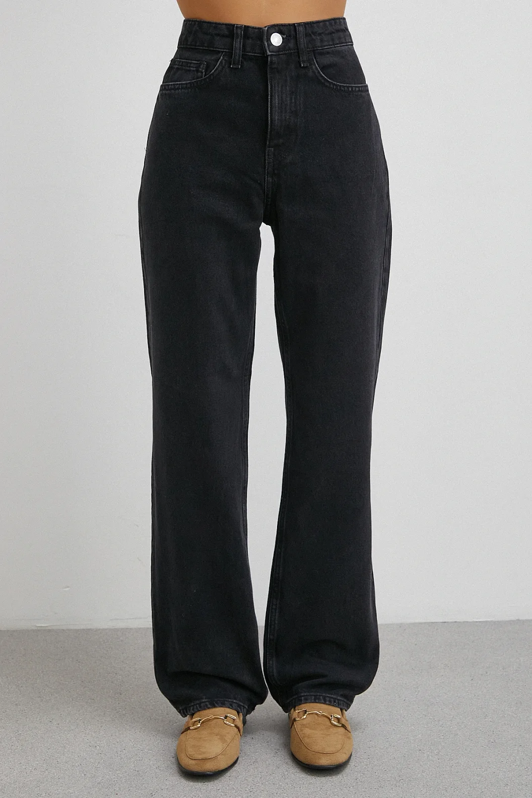 Yüksek Bel Boru Paça Jean Siyah