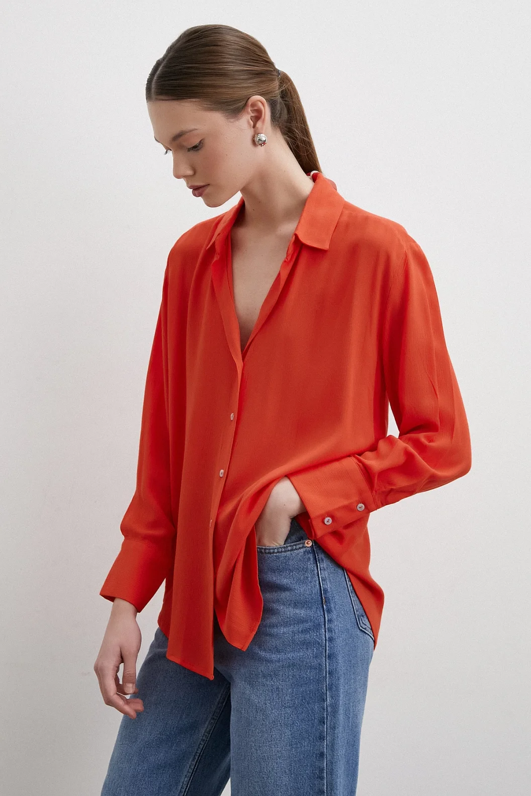 V Yaka Viskon Gömlek Oranj