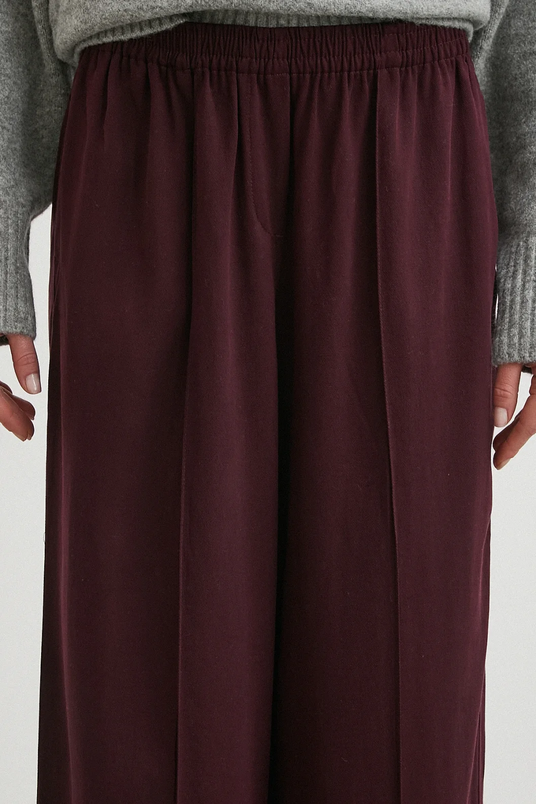 Çizgi Detaylı Geniş Paça Beli Lastikli Pantolon Bordo