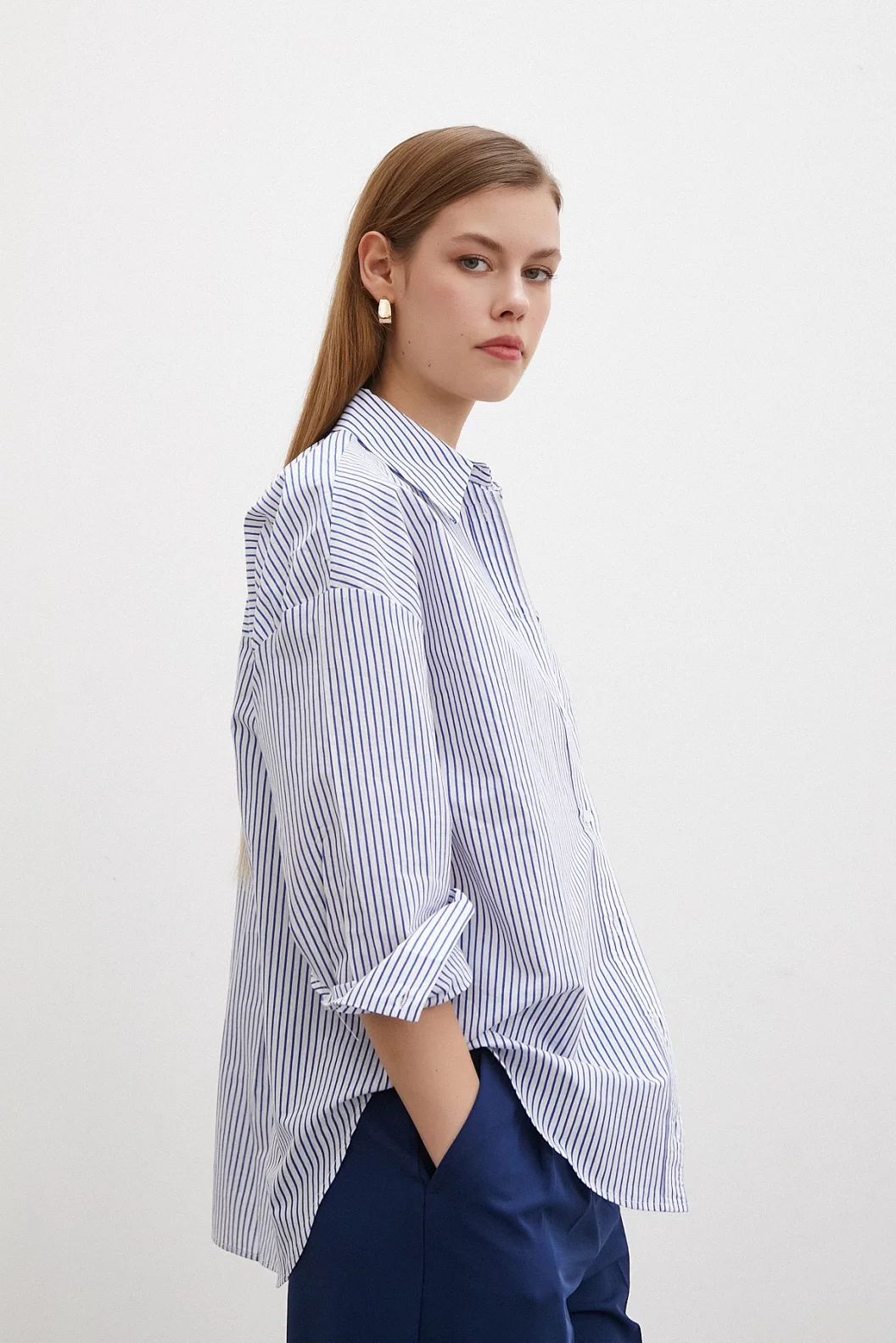 Fine Striped Poplin Shirt Blue