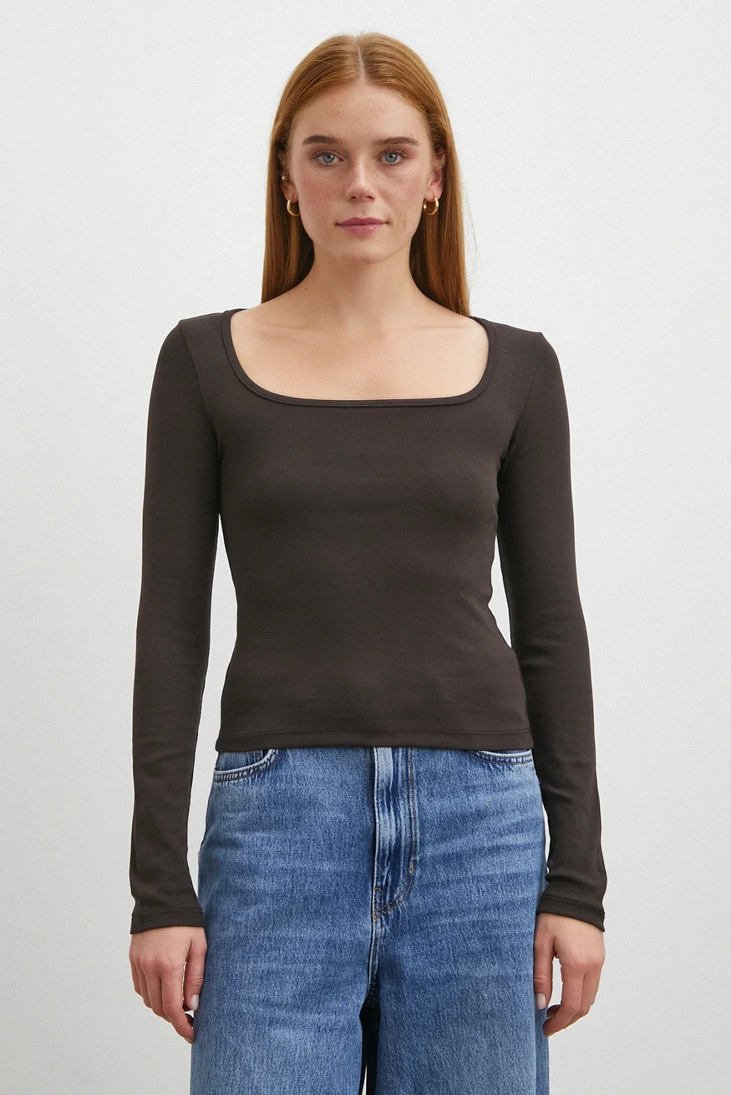 Uzun Kol Kare Yaka Bluz Kahve