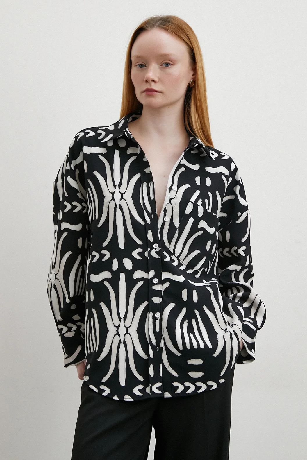 Contrast Ethnic Pattern Crepe Shirt Black