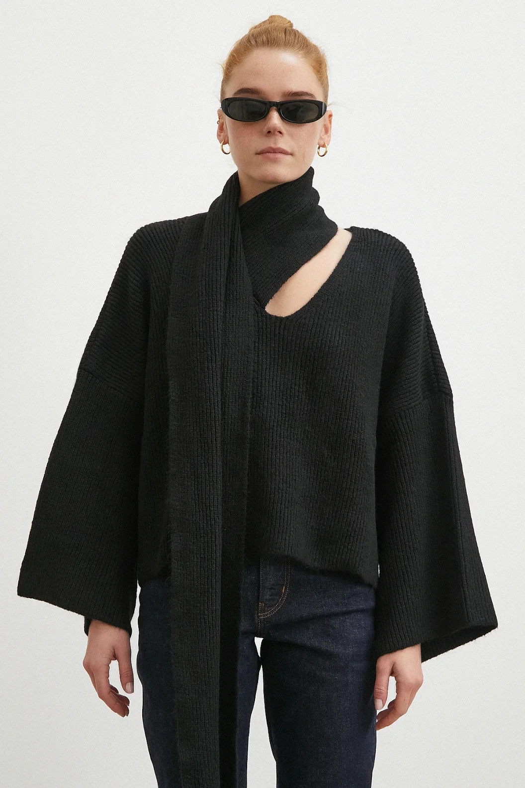 Fitilli Şal Yaka Kazak Siyah
