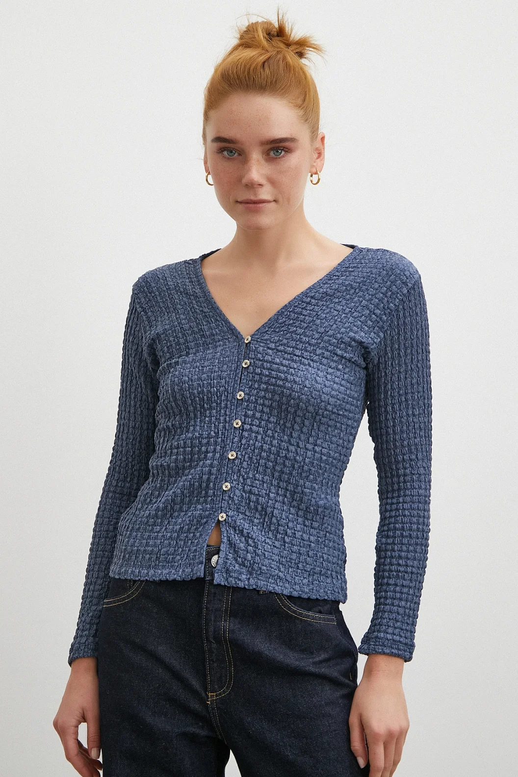 V Yaka Düğmeli Kazak Lacivert