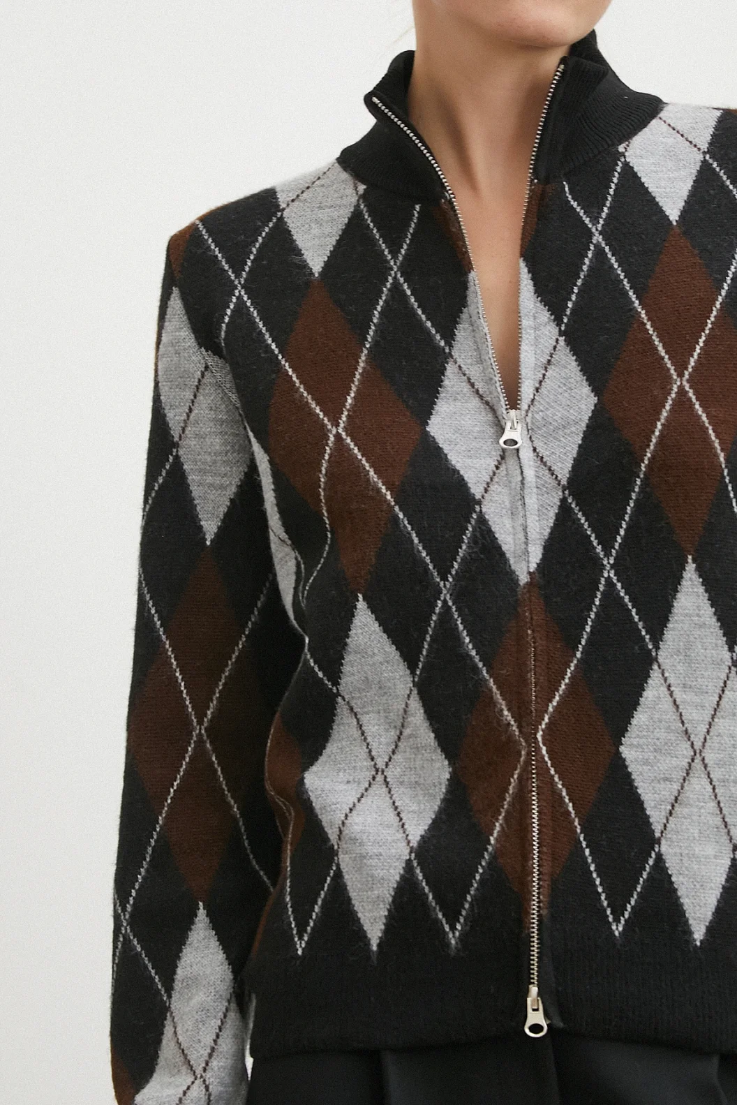 Fermuarlı Baklava Desen Kazak Siyah