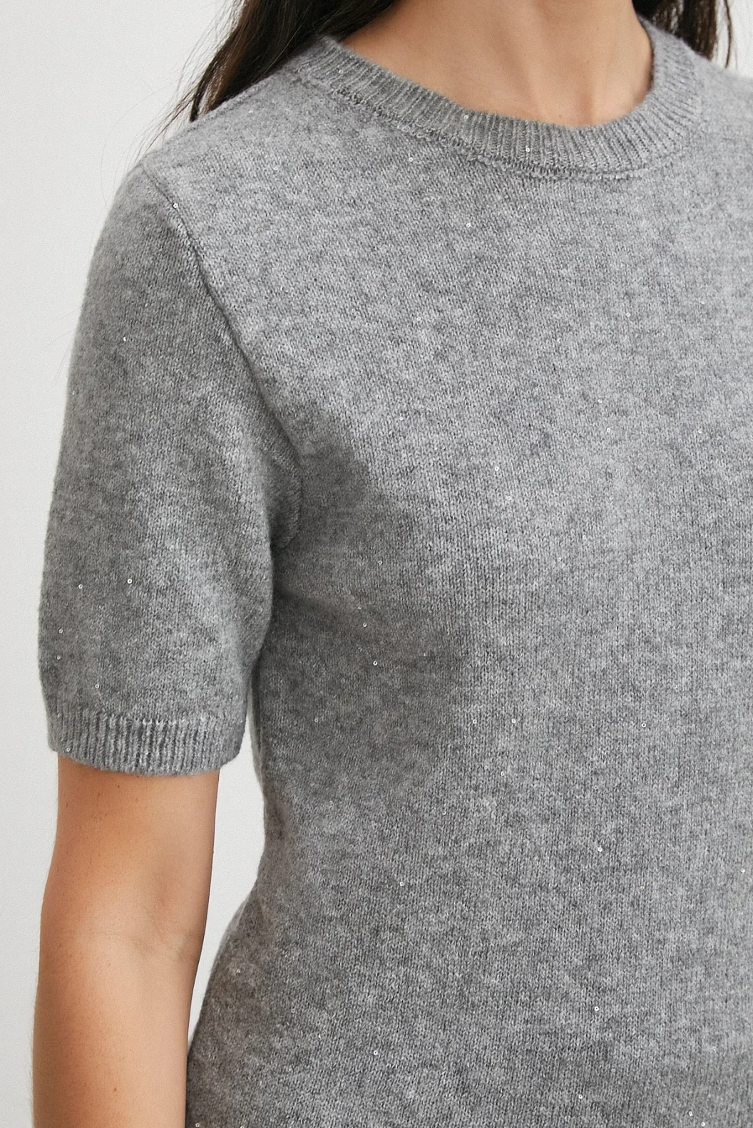 Simli Kısa Kol Kazak Gri