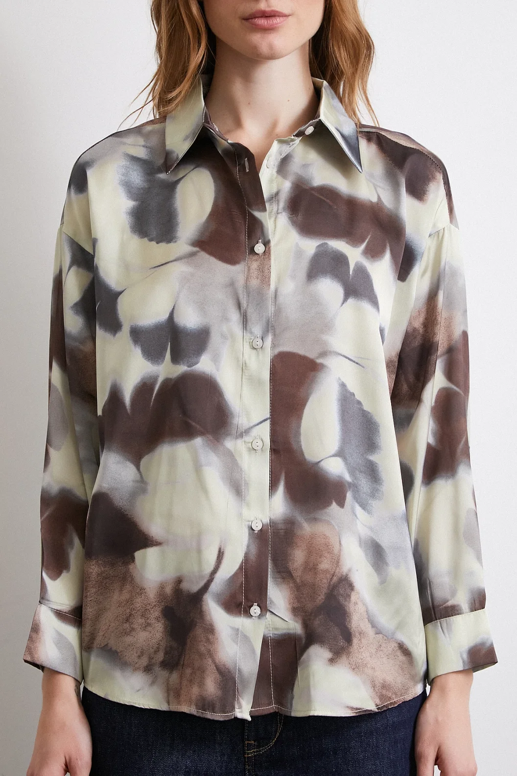 Batik Desen Saten Gömlek Kahve