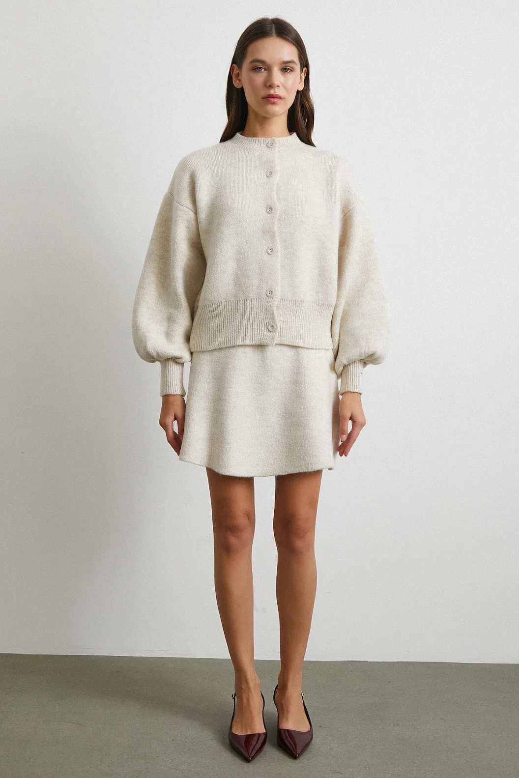 Hırka Etek Triko Takım Ekru