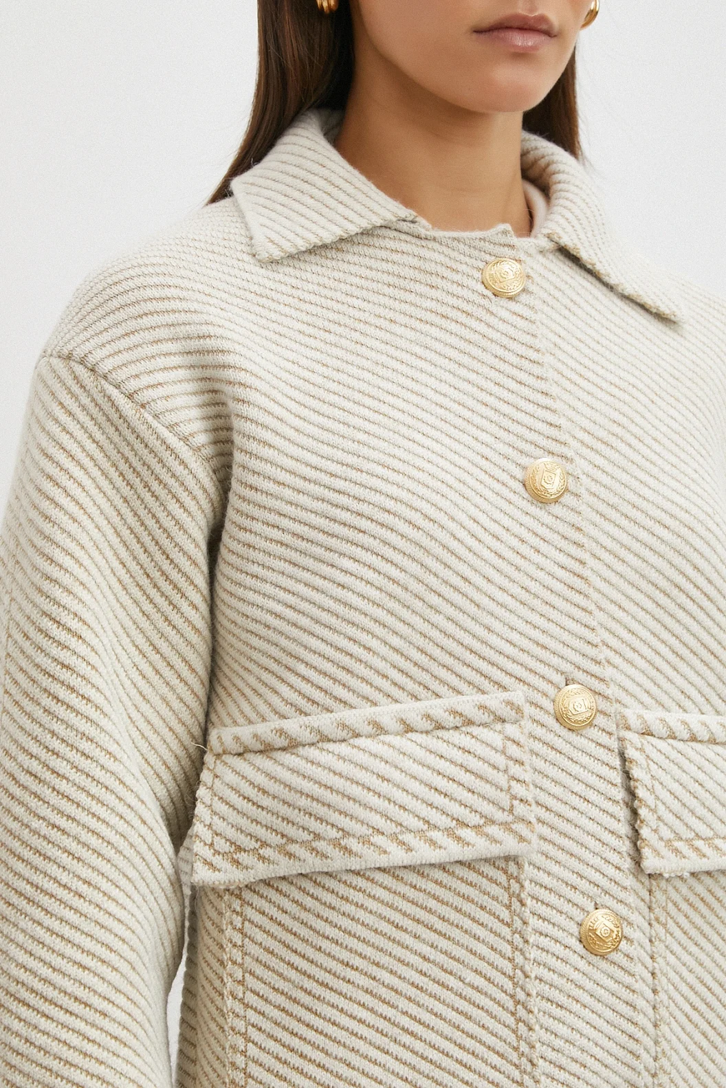 Polo Yaka Cepli Gold Düğmeli Ceket Krem