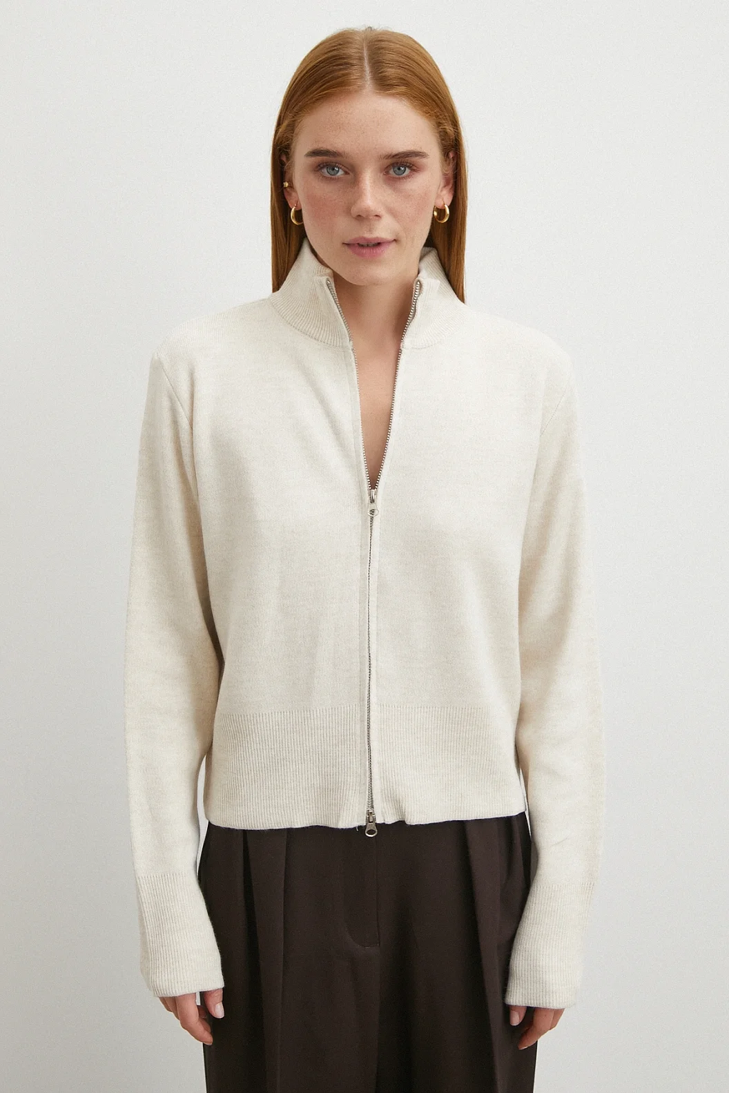 Çift Fermuarlı Triko Hırka Ekru