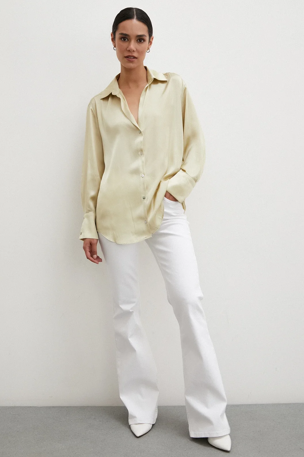 Basic Saten Gömlek Bej