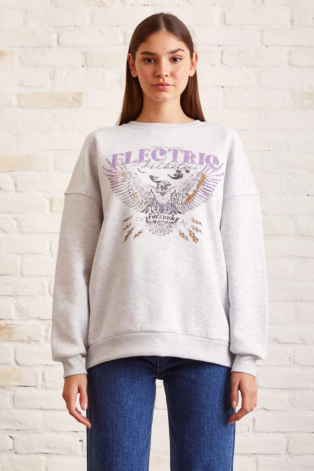 سويت شيرت بيسيكل ياقة مطبوعة بالكر ميلانج