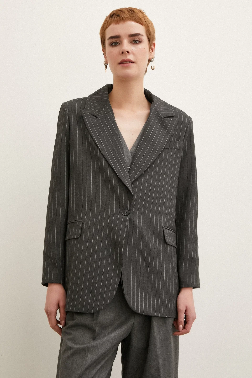 Gestreifter Blazer Mantel Anthrazit