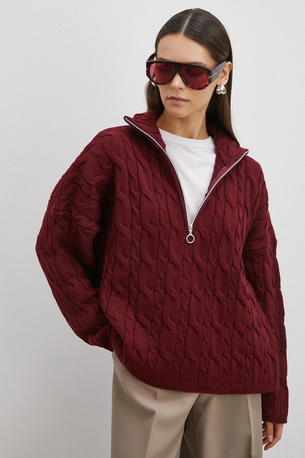 Saç Örgülü Yarım Fermuarlı Kazak Bordo