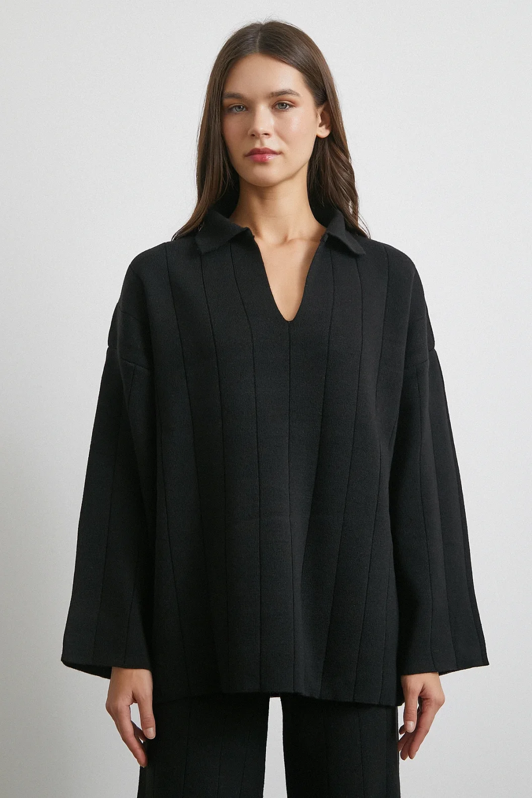 Polo Yaka Pantolonlu Triko Takım Siyah