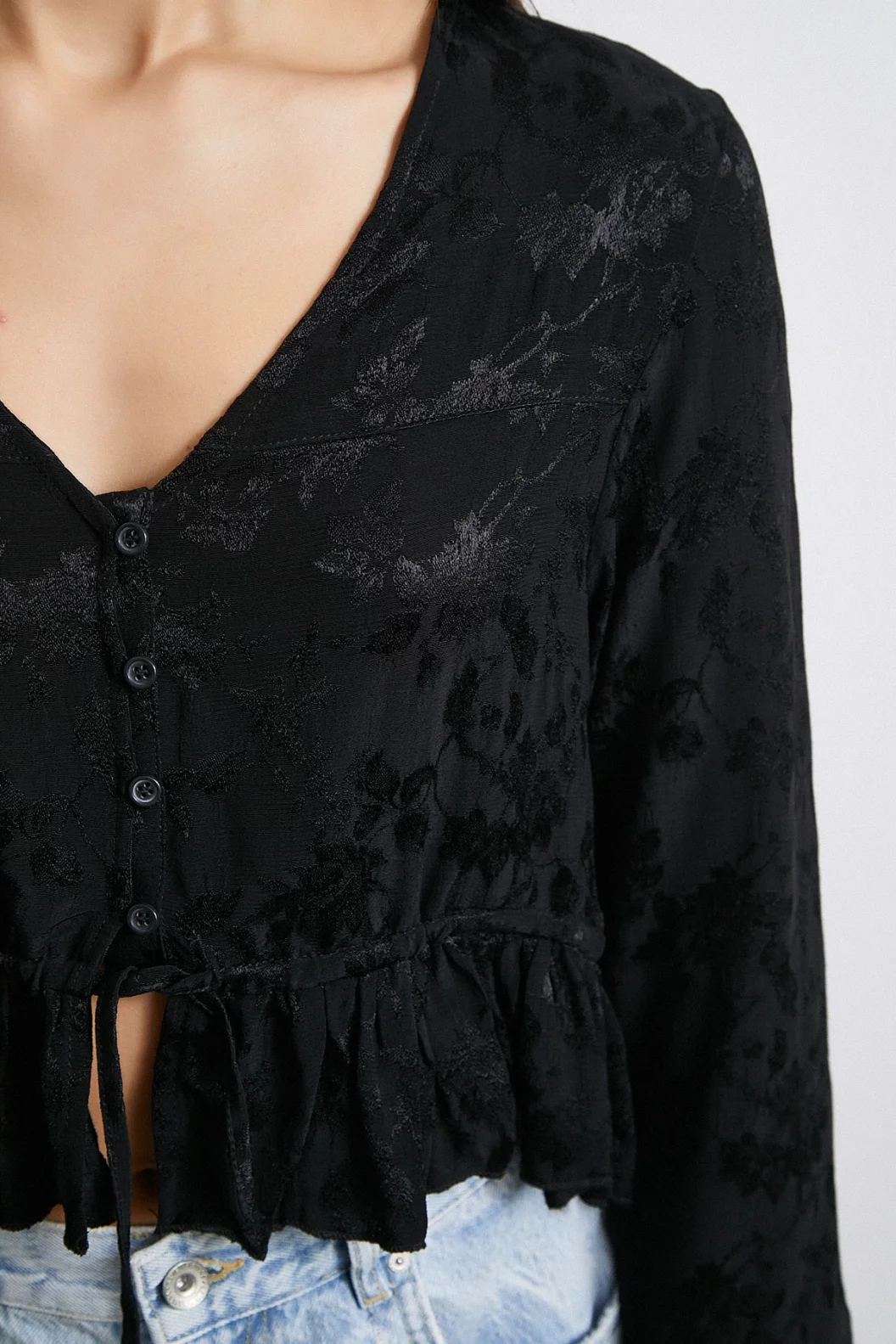 V-Neck Frilly Black Blouse