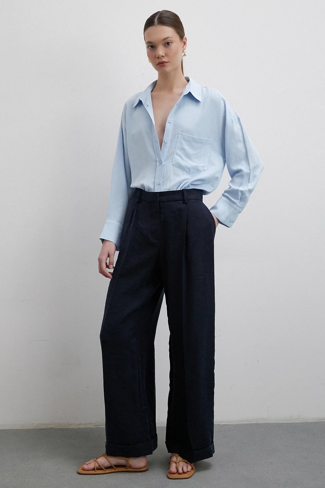 Keten Görünümlüı Linen Prunes Gömlek Mavi