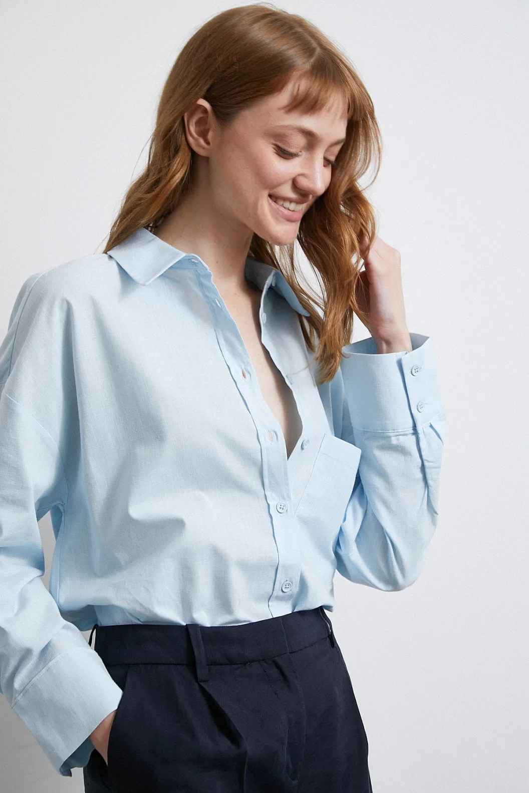 Pamuklu Oversize Gömlek Mavi