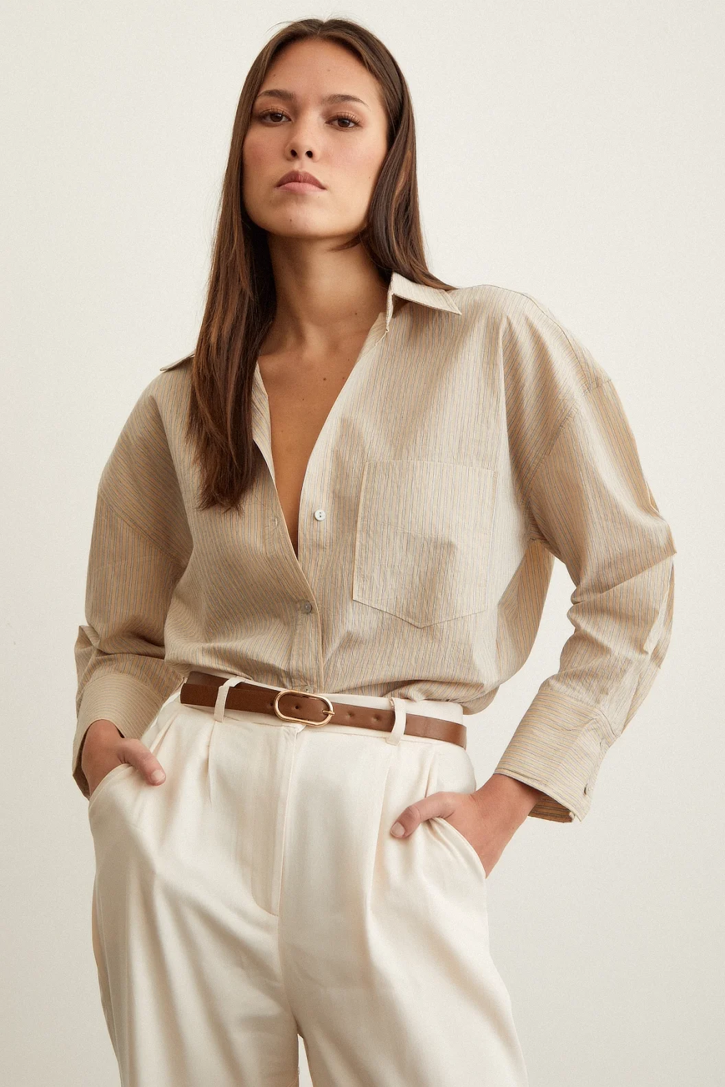 Striped Oversize Shirt Beige