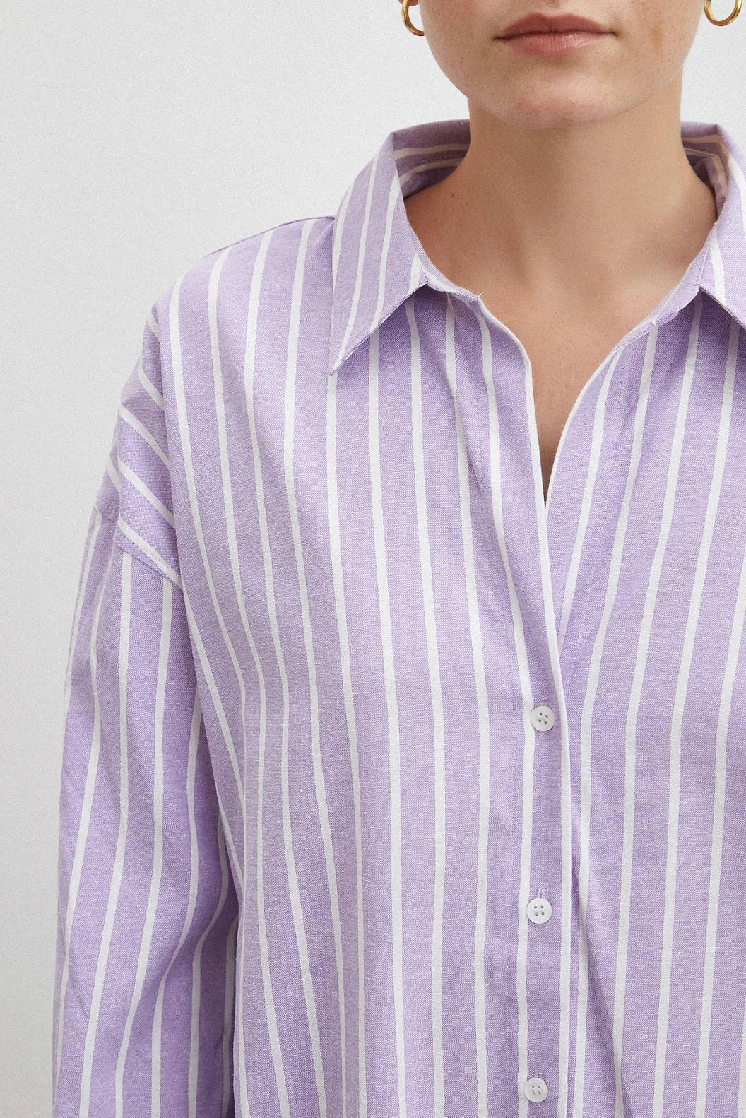 Uzun Kollu Çizgili Gömlek Lila