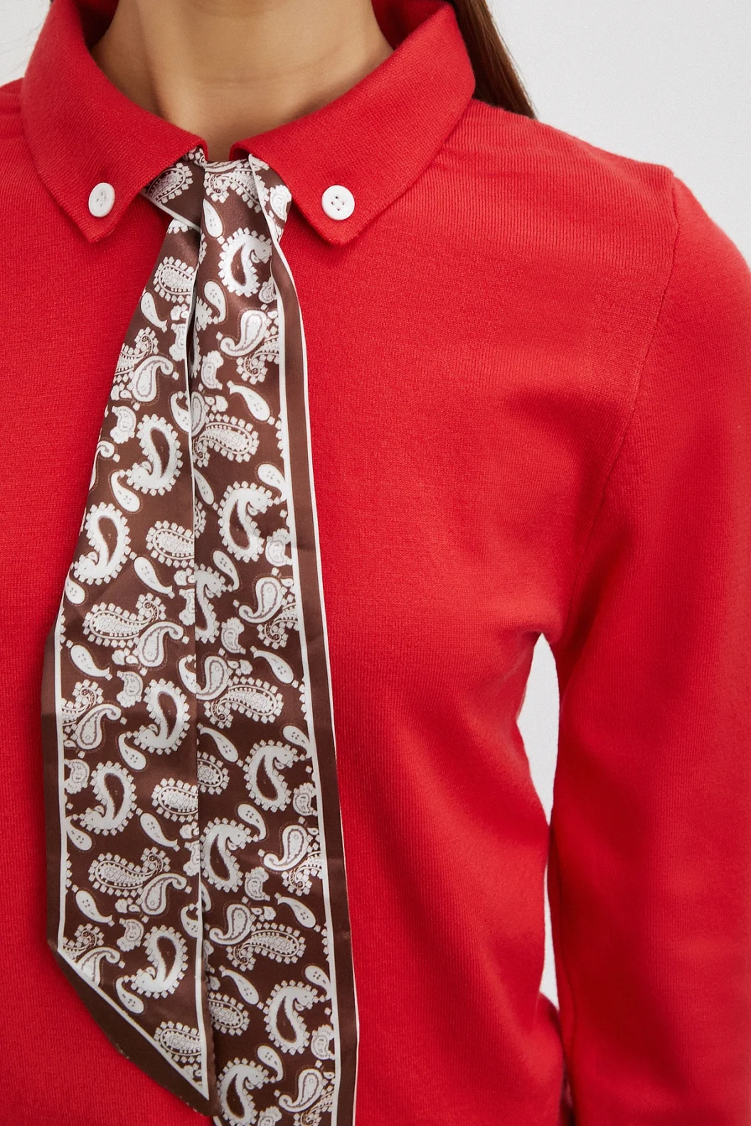 Fularlı Polo Yaka Kazak Kırmızı