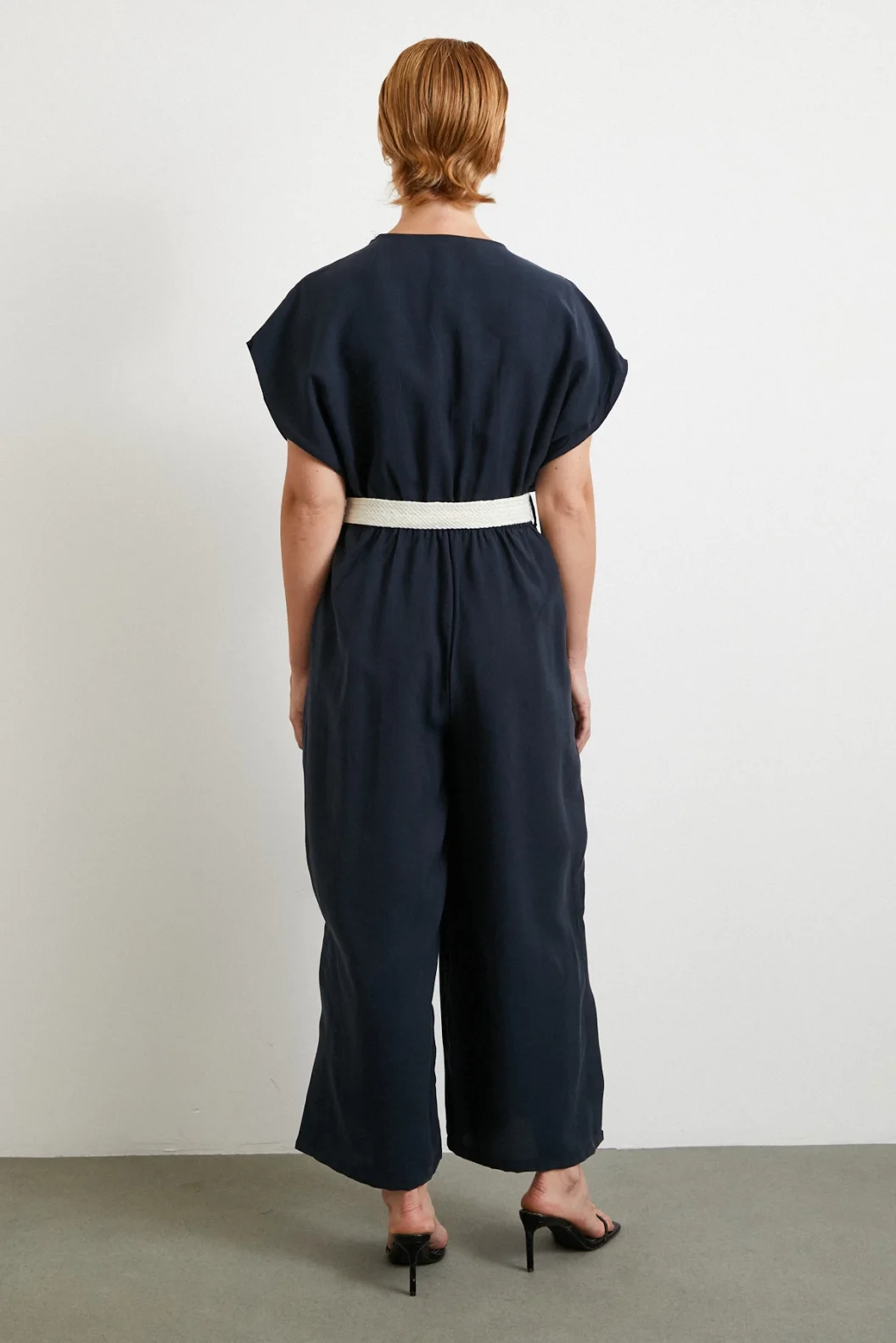 Gürtel Detail Jumpsuit Fledermausärmel Navy