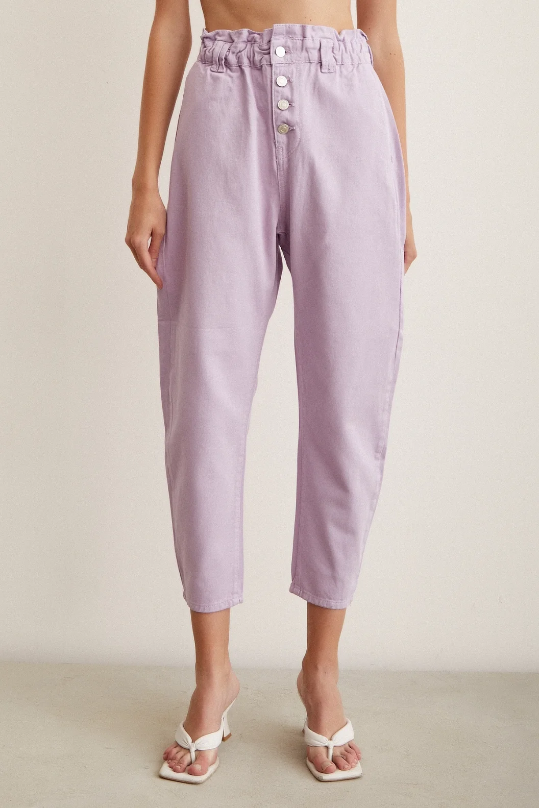 Gürtelli Düğme Kapalı Boyfriend Pantolon Mor