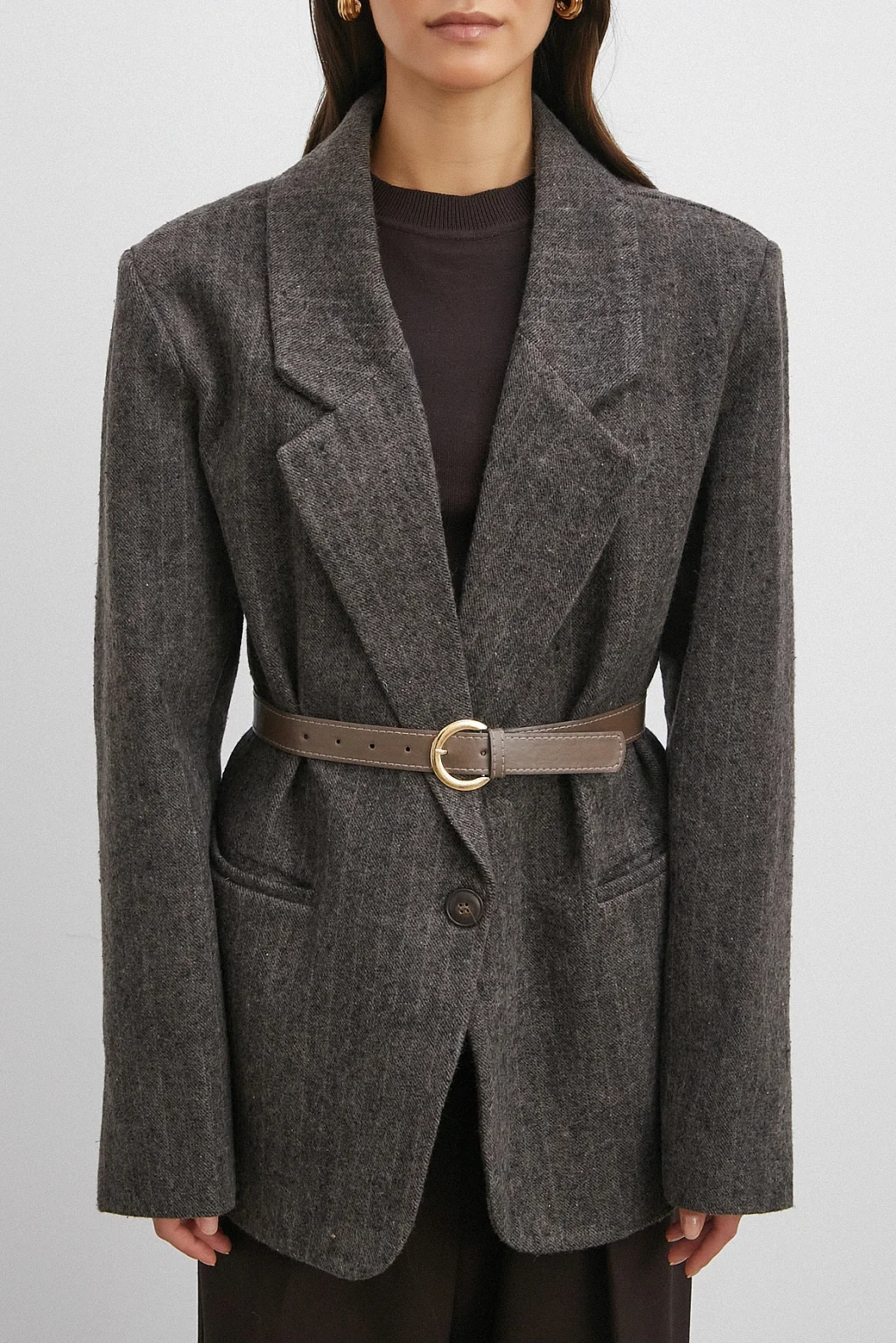 Çizgi Detaylı Kemerli Kaşe Ceket Kahve