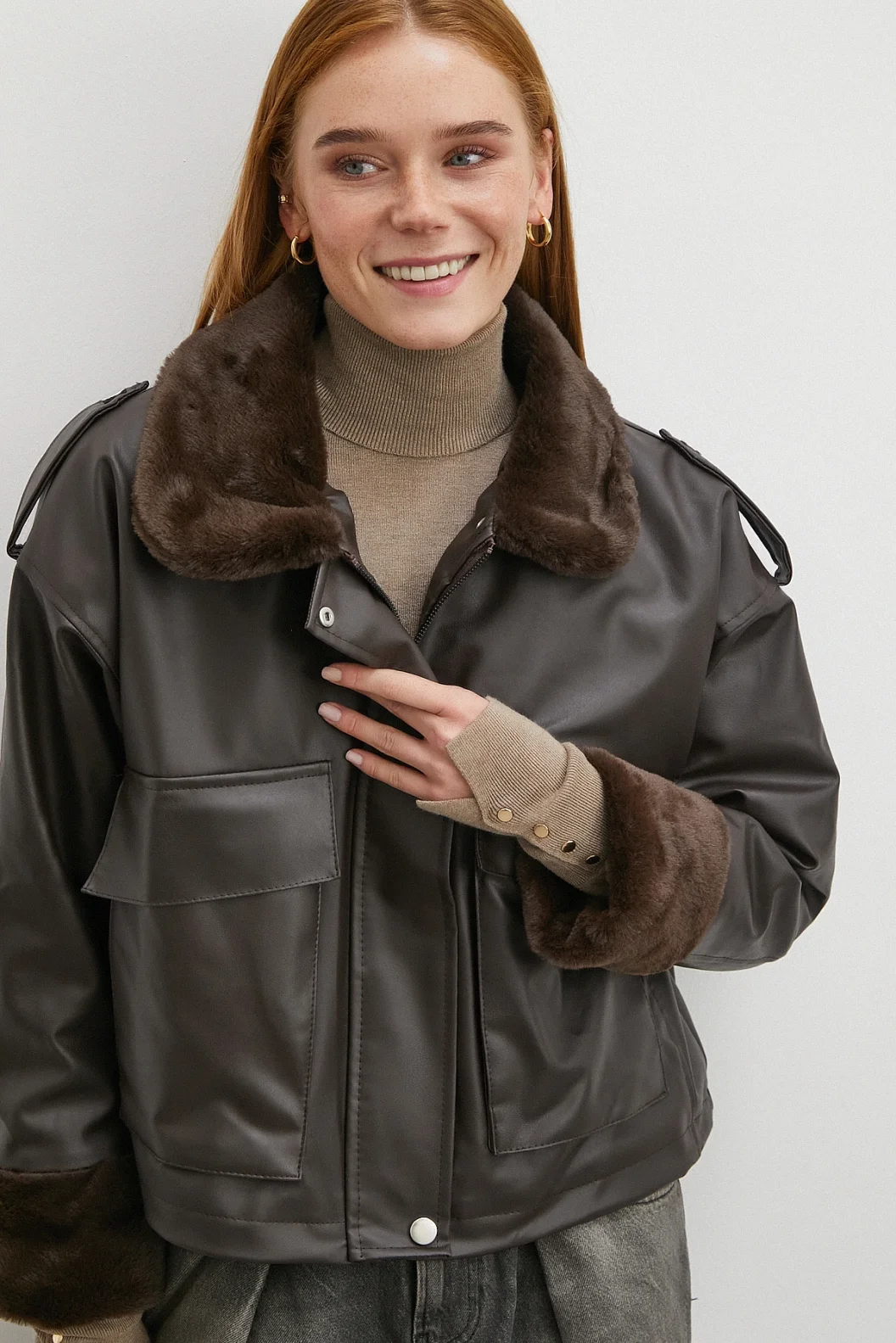 Kürk Detaylı Cepli Deri Mont Kahve