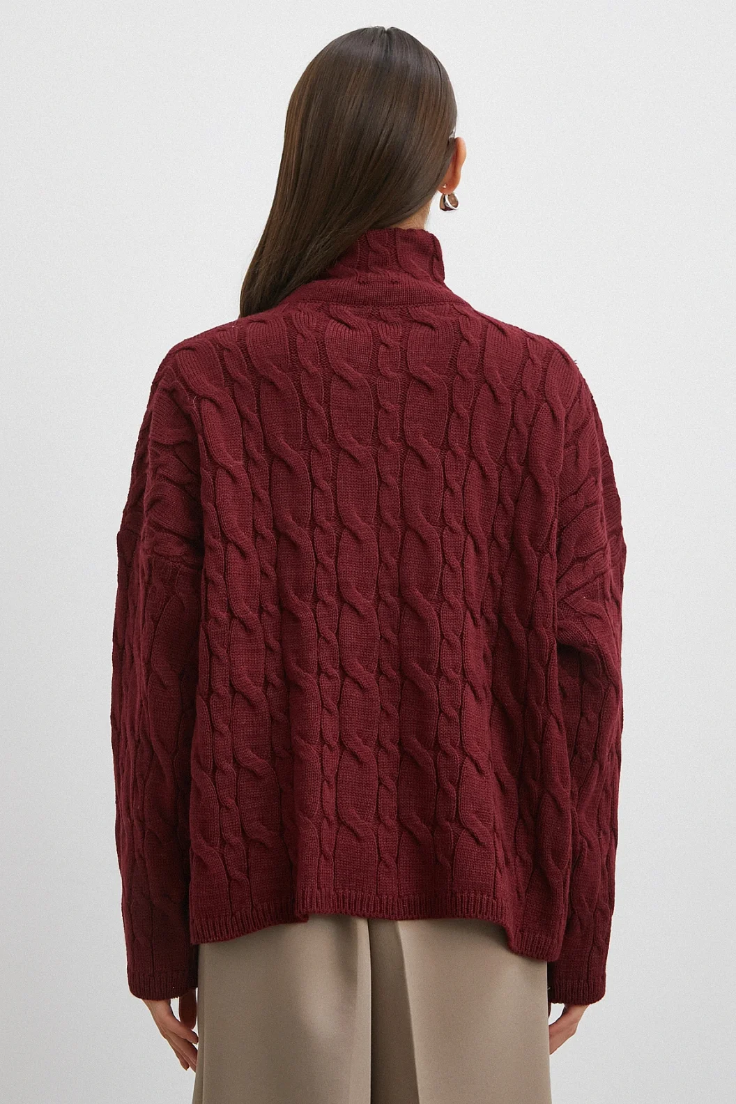 Saç Örgülü Yarım Fermuarlı Kazak Bordo