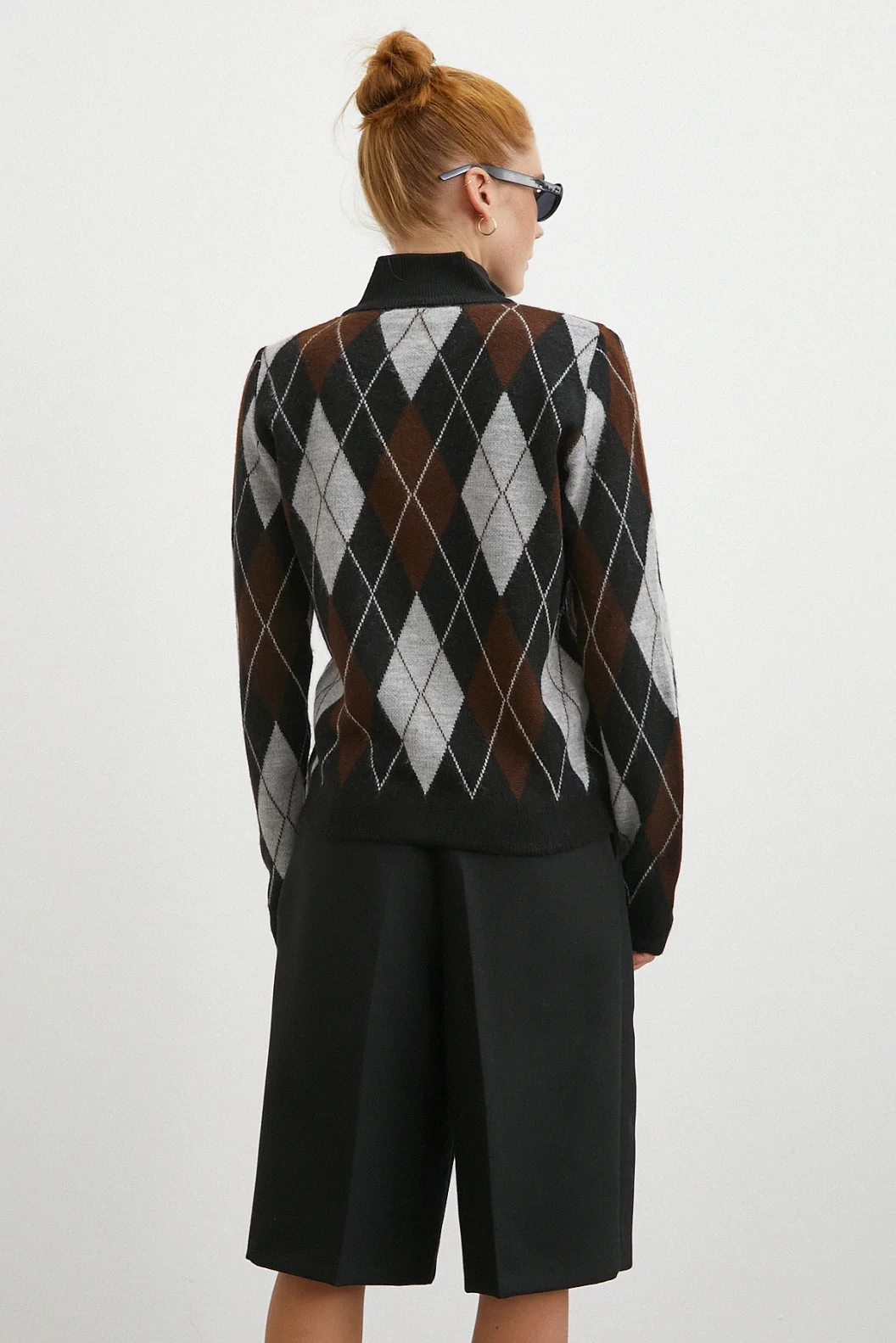 Fermuarlı Baklava Desen Kazak Siyah