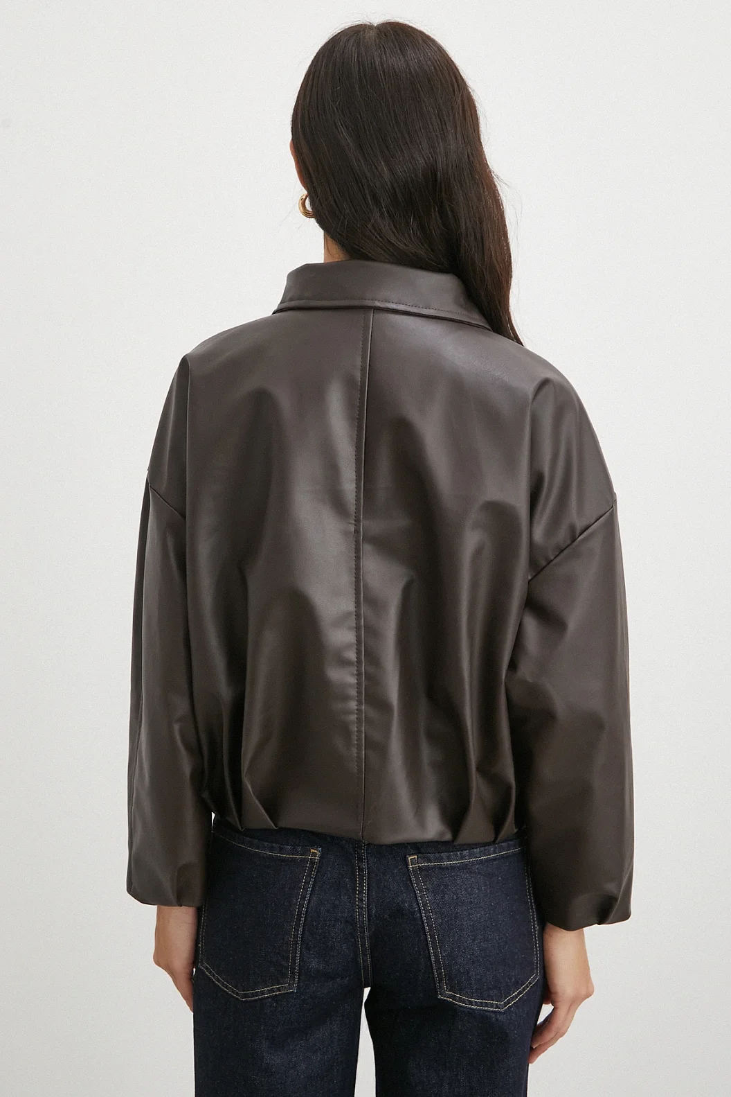 Yakalı Kemer Detaylı Deri Ceket Kahve