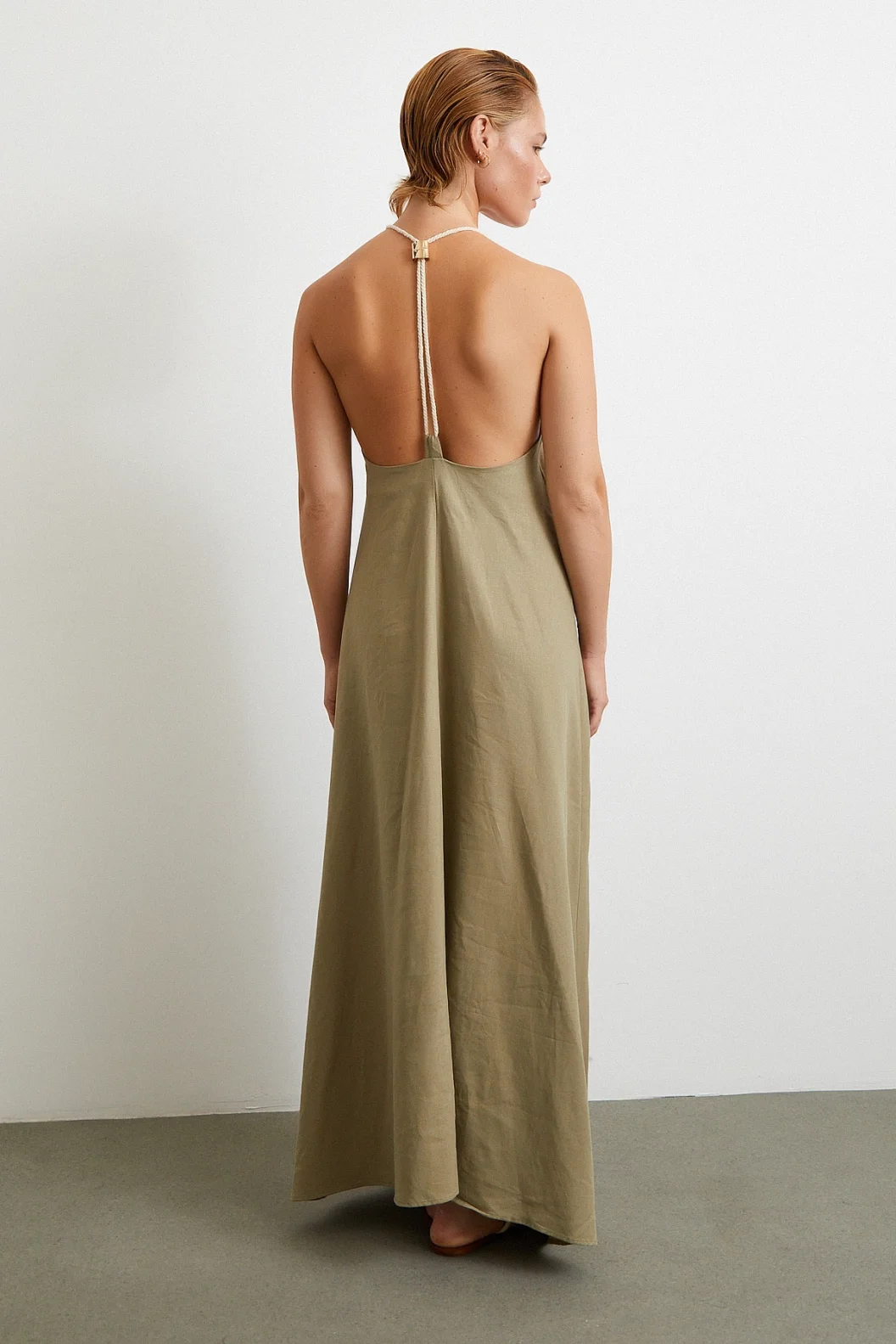 İp Askılı Keten Elbise Haki