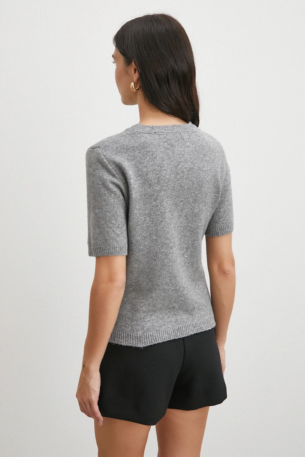 Simli Kısa Kol Kazak Gri