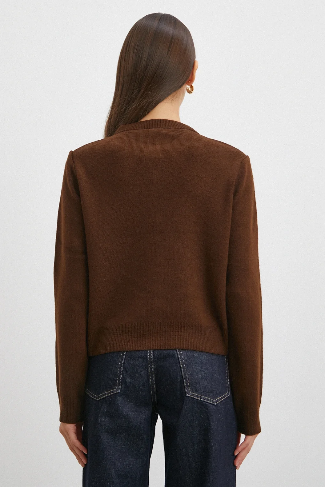 Düğmeli Baklava Desenli Hırka Kahve